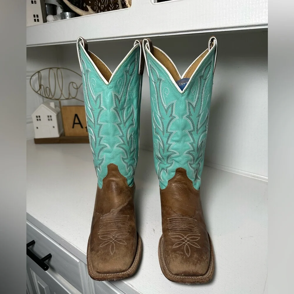 Justin Women’s 8B Cowboy Boots Brown Leather & Turquoise Western Handmade USA - Picture 2 of 9